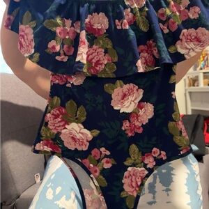 Navy Floral Ruffled Bodysuit